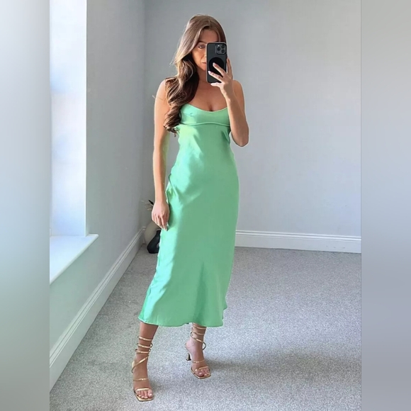 Zara Light Green Satin Camisole/Slip Midi Dress BNWT - Picture 3 of 12